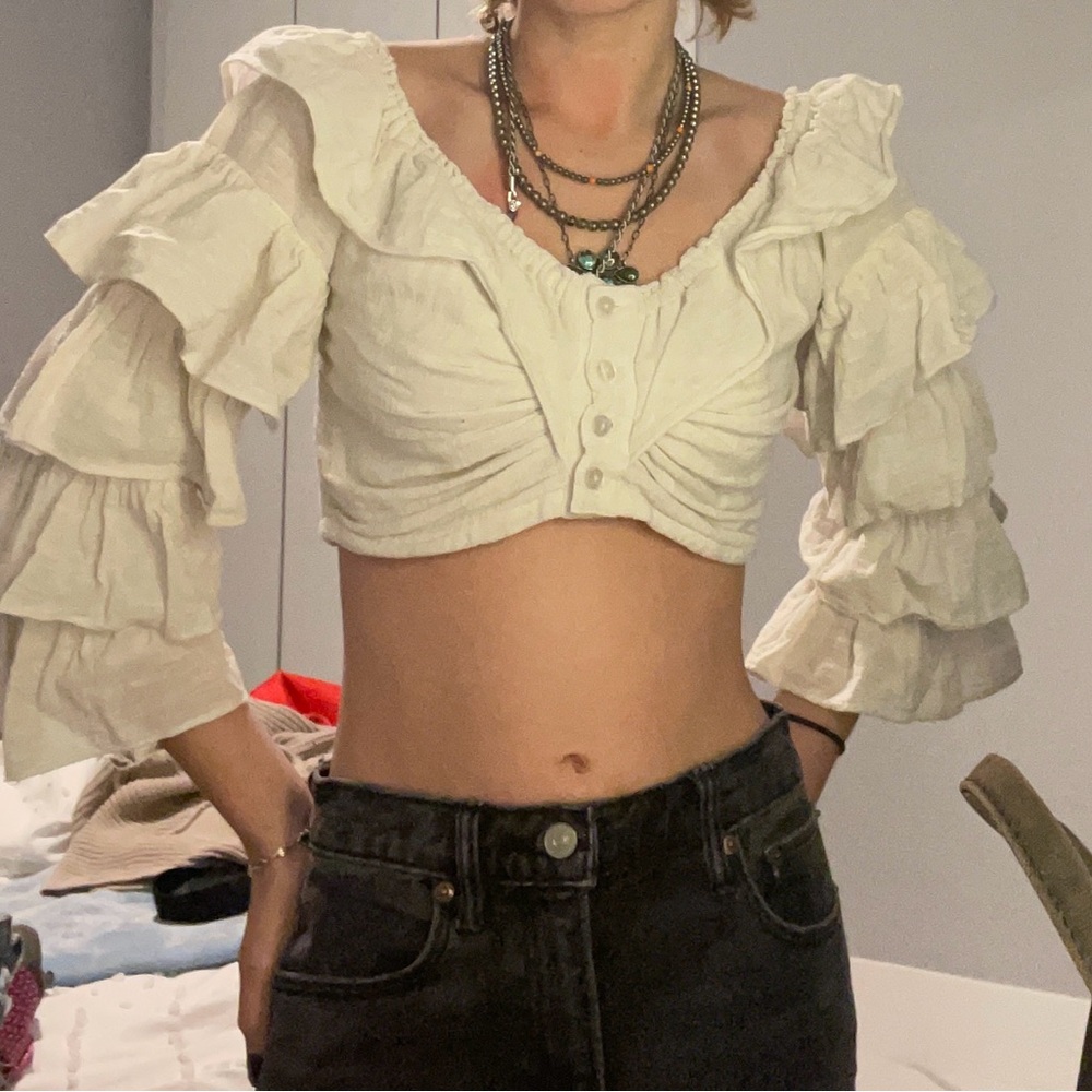 Free People Cream Ruffle Sleeve Crop Top